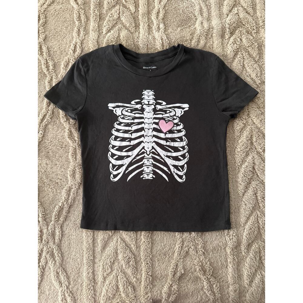 House of Cotton Skeleton Heart Graphic Tee Black Goth Top Medium